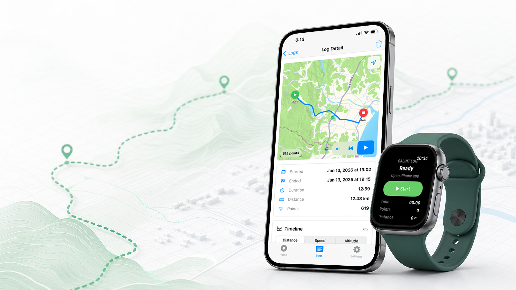 iPhoneとApple Watchで移動経路と高度ログを表示するCALINT Loggerのイメージ